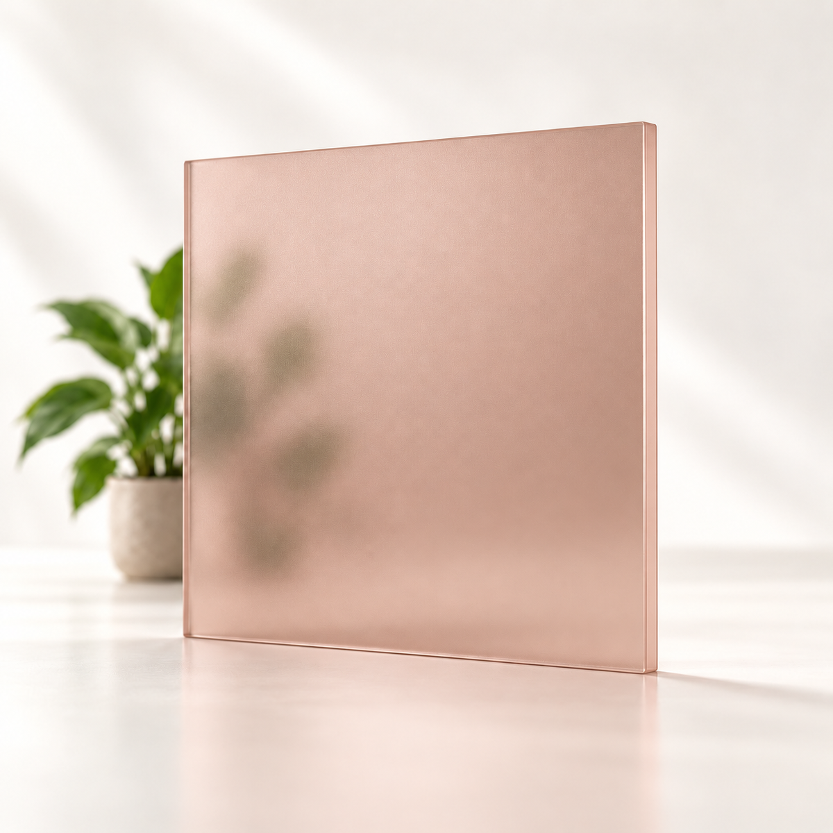 Concept rendering of Daycora Roma translucent frosted sample panel diffusing light and obscuring a plant silhouette.