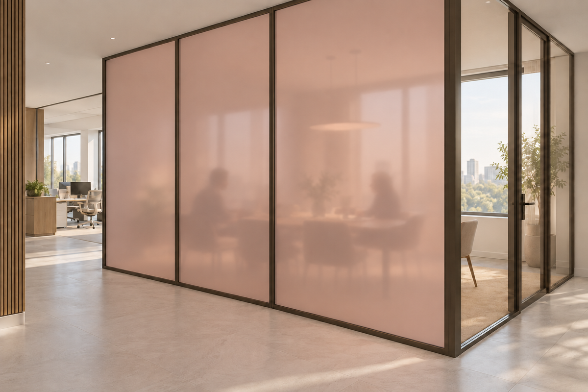 Concept rendering of Daycora Roma frosted panels forming an office meeting-room privacy partition.