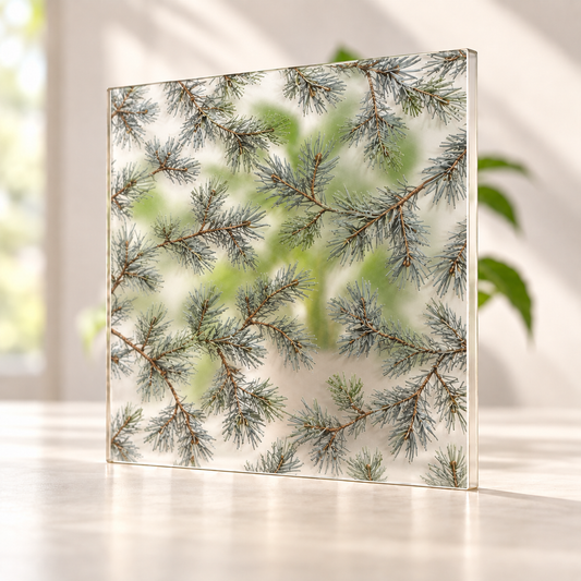 Rooted Pine digitally printed nature finish on a translucent frosted privacy panel, with daylight and softly diffused foliage visible through the panel.