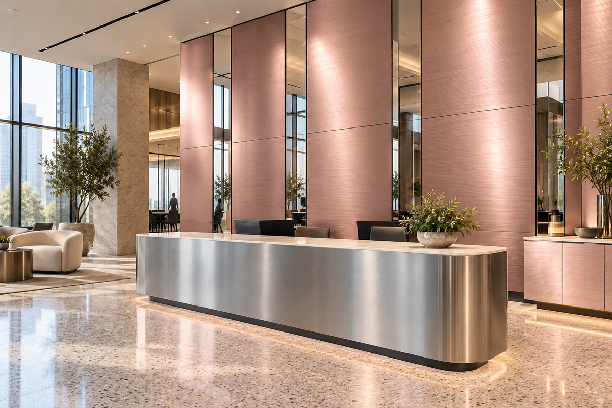 Illustrative office lobby with Rose Gold Metallics wall panels and cabinet fronts, polished mirror accents and brushed silver reception furniture.