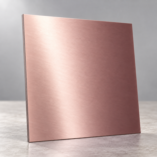 Rose Gold Metallics illustrative sample chip under overhead lighting, showing a reflective brushed finish.
