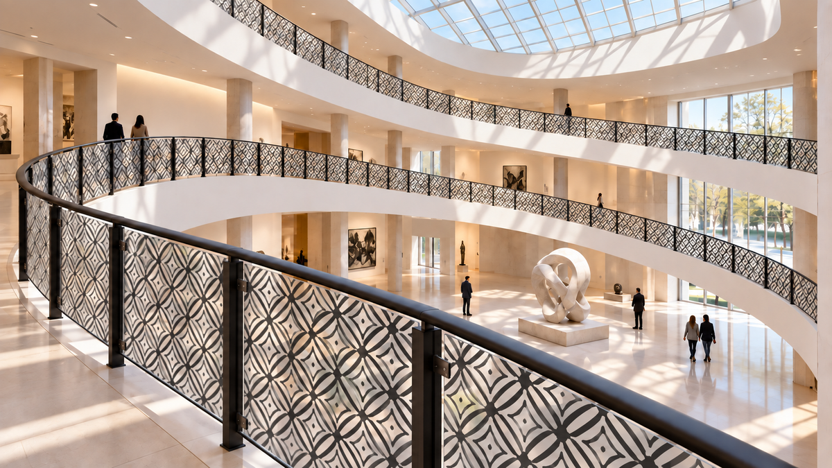 Rounded Diamond printed on translucent frosted railing panels in a museum lobby.