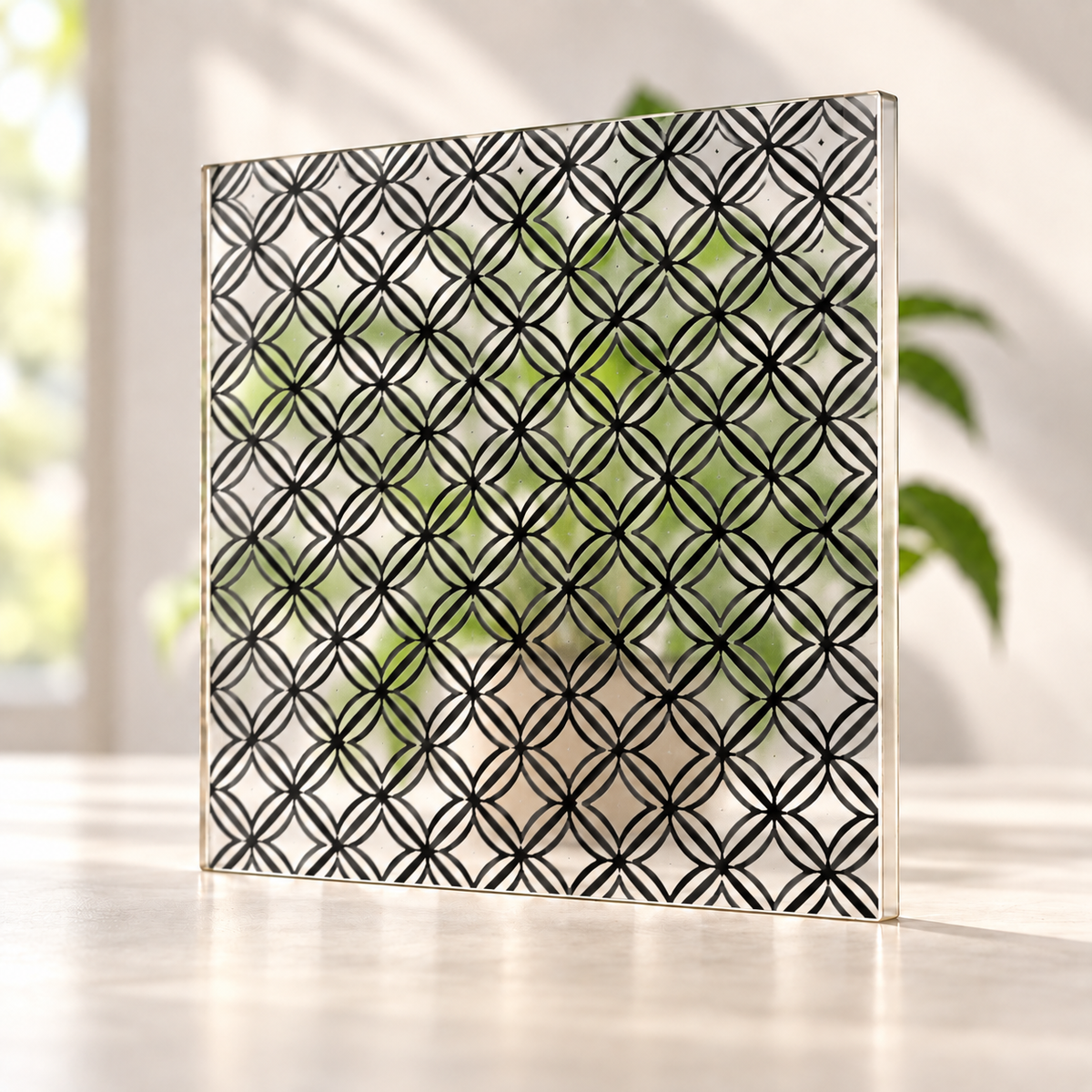 Rounded Diamond printed pattern on a translucent frosted panel, with softly diffused foliage visible through the unprinted spaces.
