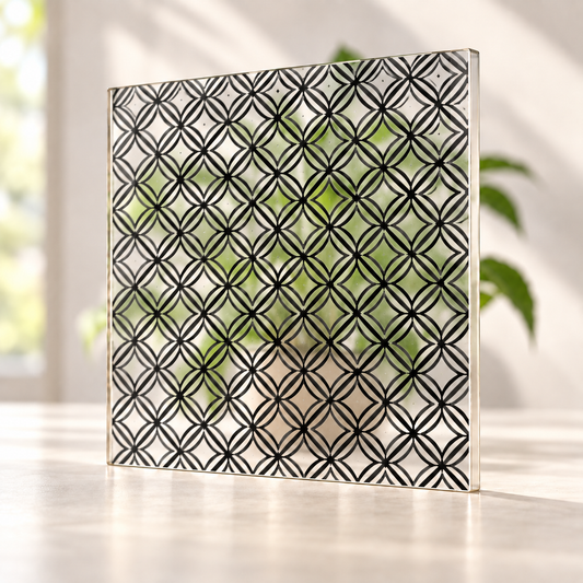 Rounded Diamond printed pattern on a translucent frosted panel, with softly diffused foliage visible through the unprinted spaces.