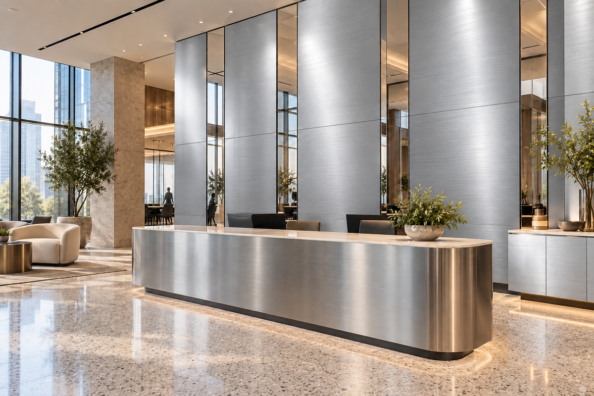 Illustrative office lobby with Silver Metallics wall panels and cabinet fronts, polished mirror accents and brushed silver reception furniture.