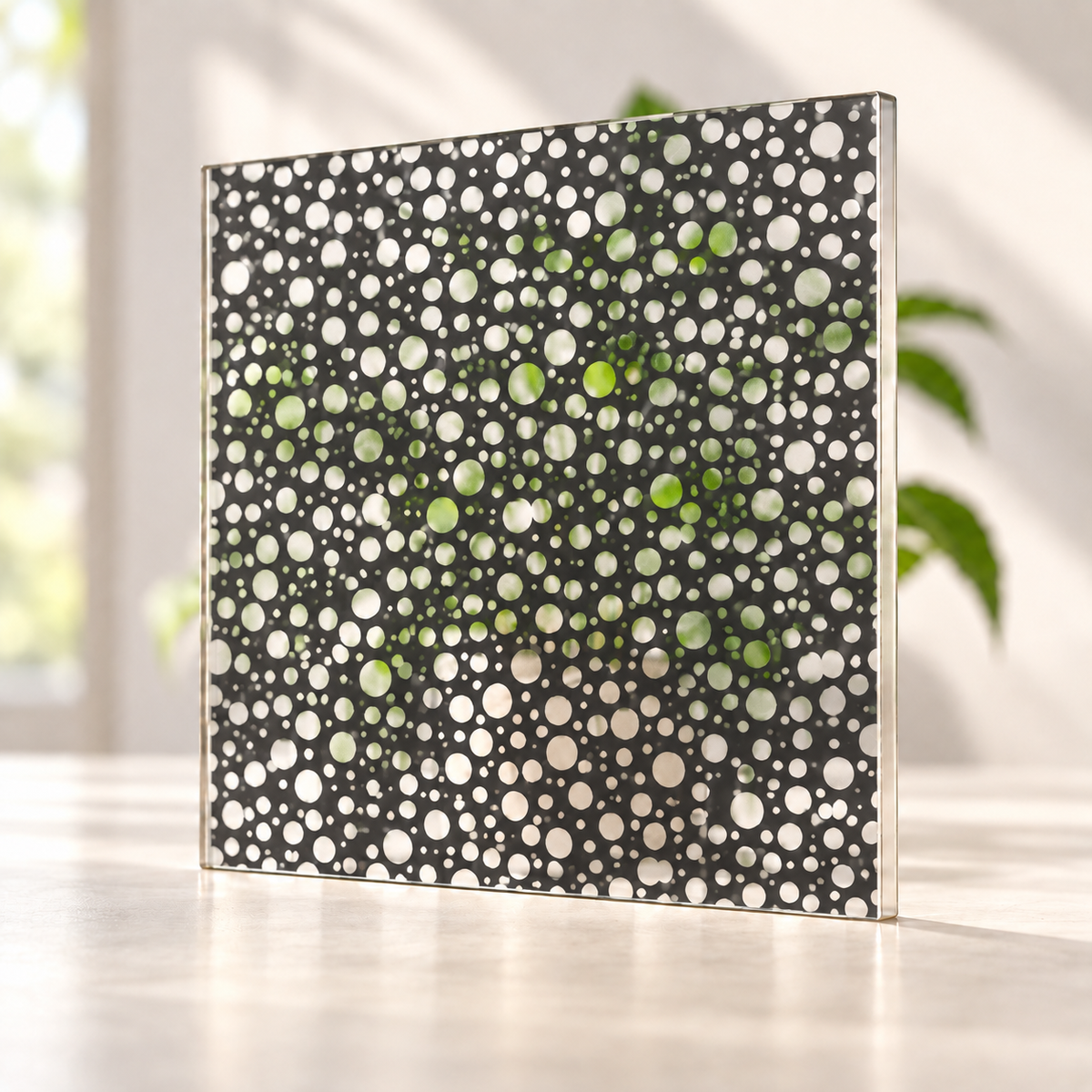 Speckle printed pattern on a translucent frosted panel, with softly diffused foliage visible through the unprinted spaces.