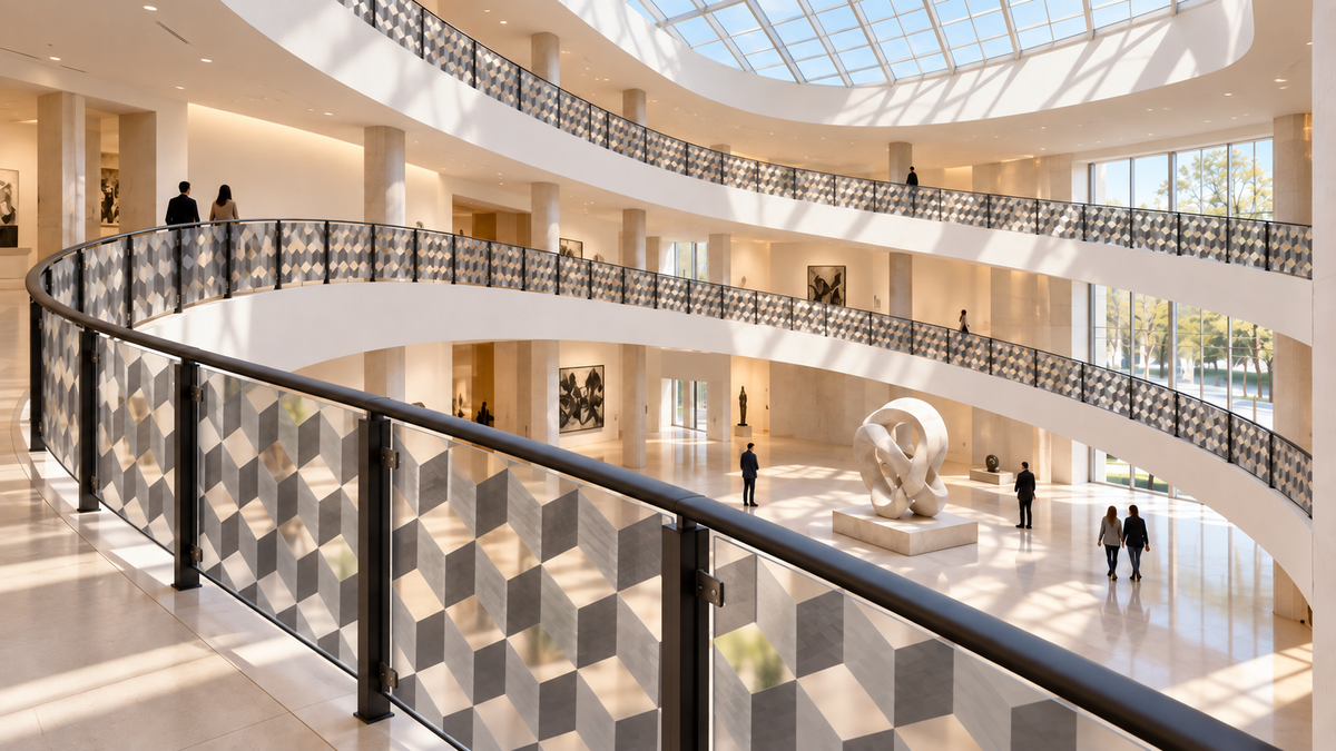 Stacked Cubes printed translucent railing infill panels in a multi-level museum lobby, with light passing through frosted spaces.