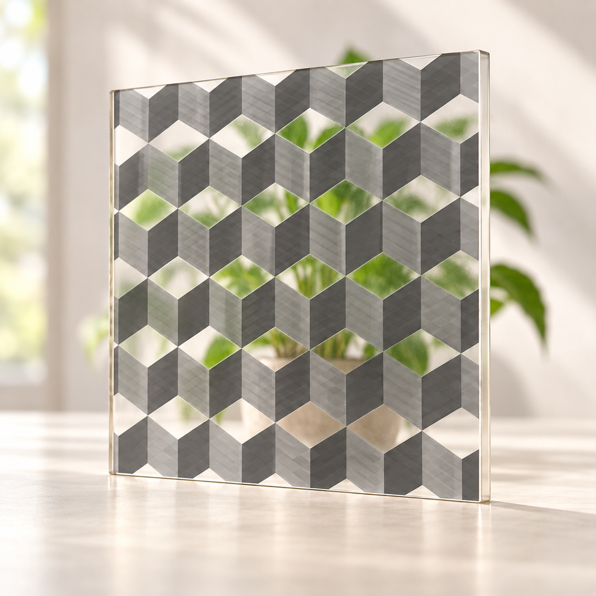 Stacked Cubes printed pattern on a translucent frosted panel, with softly diffused foliage visible through the unprinted spaces.