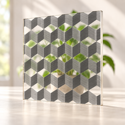Stacked Cubes printed pattern on a translucent frosted panel, with softly diffused foliage visible through the unprinted spaces.