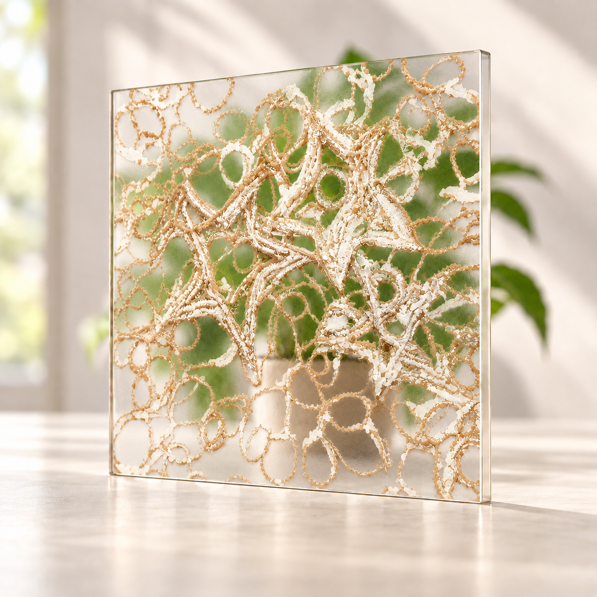 Starlight digitally printed textiles finish on a translucent frosted privacy panel, with daylight and softly diffused foliage visible through the panel.