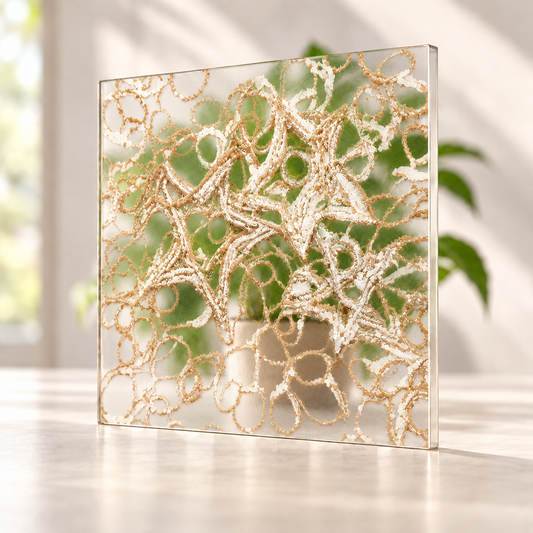Starlight digitally printed textiles finish on a translucent frosted privacy panel, with daylight and softly diffused foliage visible through the panel.