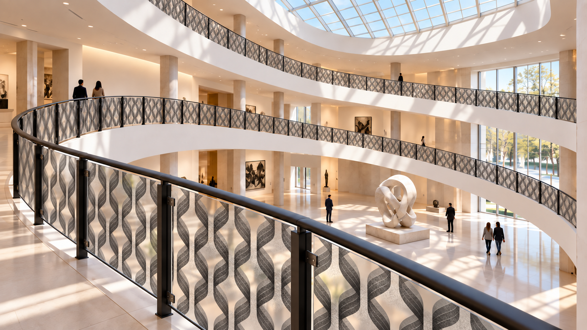 Striped DNA printed on translucent frosted railing panels in a museum lobby.