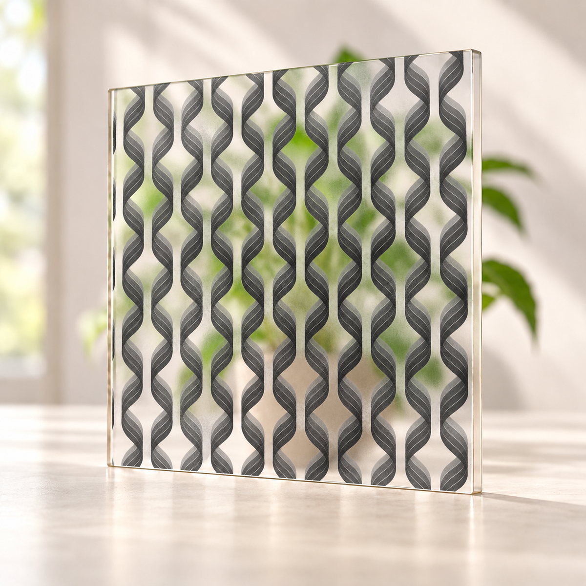Striped DNA printed pattern on a translucent frosted panel, with softly diffused foliage visible through the unprinted spaces.