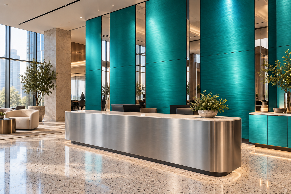Illustrative office lobby with Teal Metallics wall panels and cabinet fronts, polished mirror accents and brushed silver reception furniture.