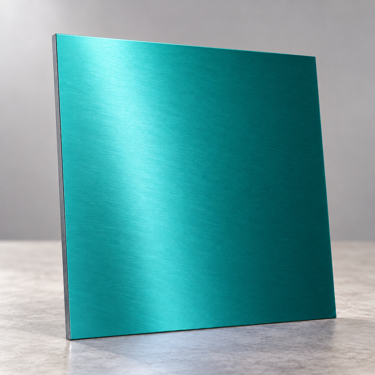 Teal Metallics illustrative sample chip under overhead lighting, showing a reflective brushed finish.