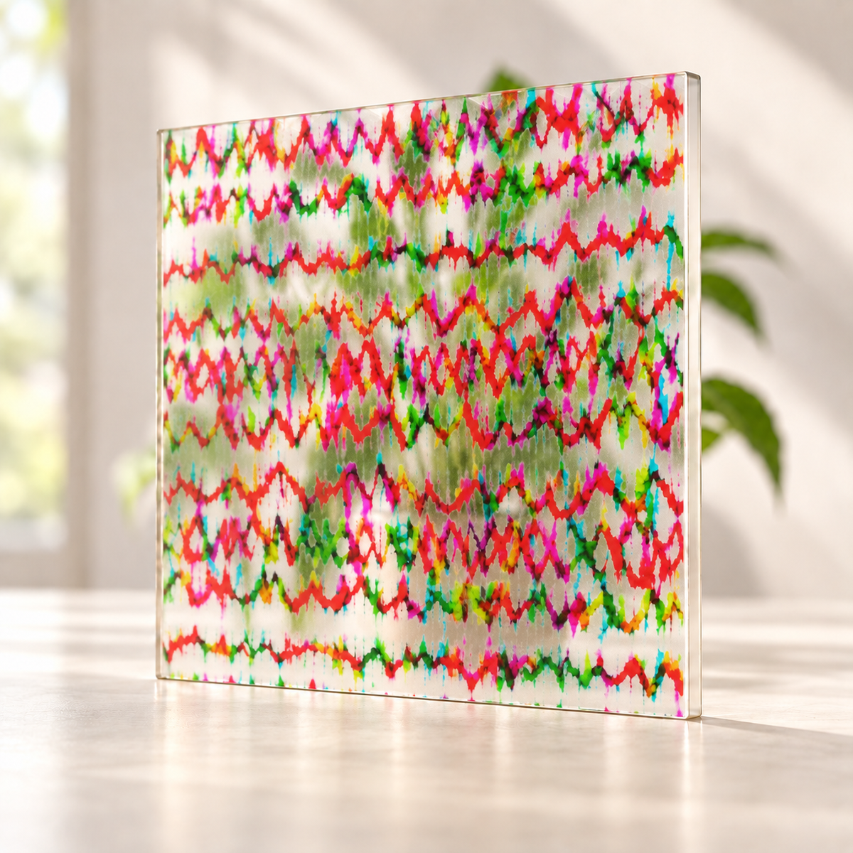 Technicolor digitally printed textiles finish on a translucent frosted privacy panel, with daylight and softly diffused foliage visible through the panel.