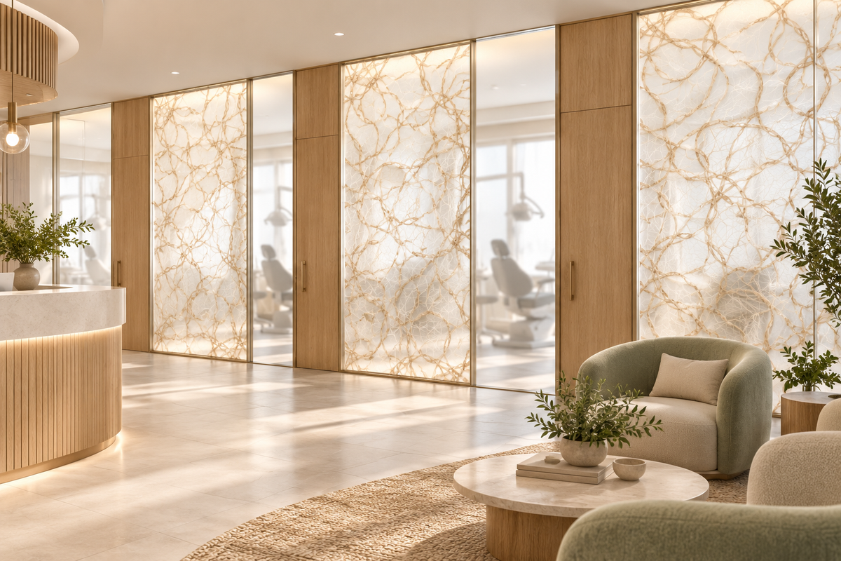 Daycora textile-inspired translucent privacy panels in a professional office lobby.