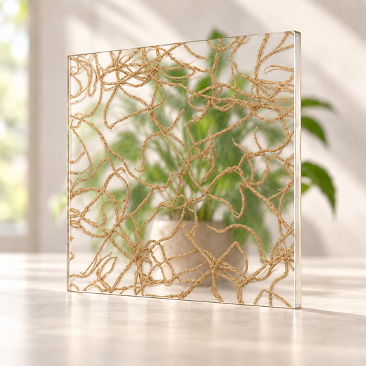 Twisted Twine digitally printed textiles finish on a translucent frosted privacy panel, with daylight and softly diffused foliage visible through the panel.