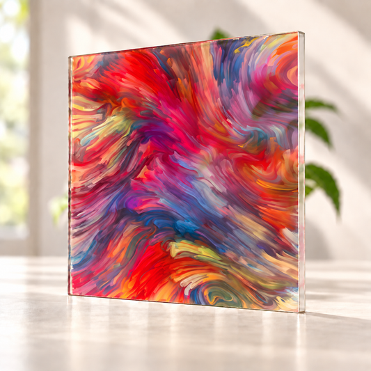 Vibrance digitally printed on a translucent Daycora sample panel, with light visible through the finish.