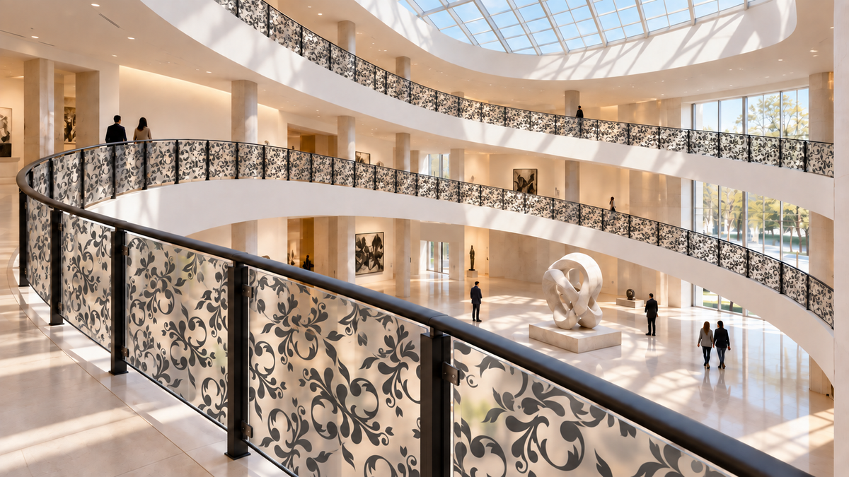 Victorian printed on translucent frosted railing panels in a museum lobby.