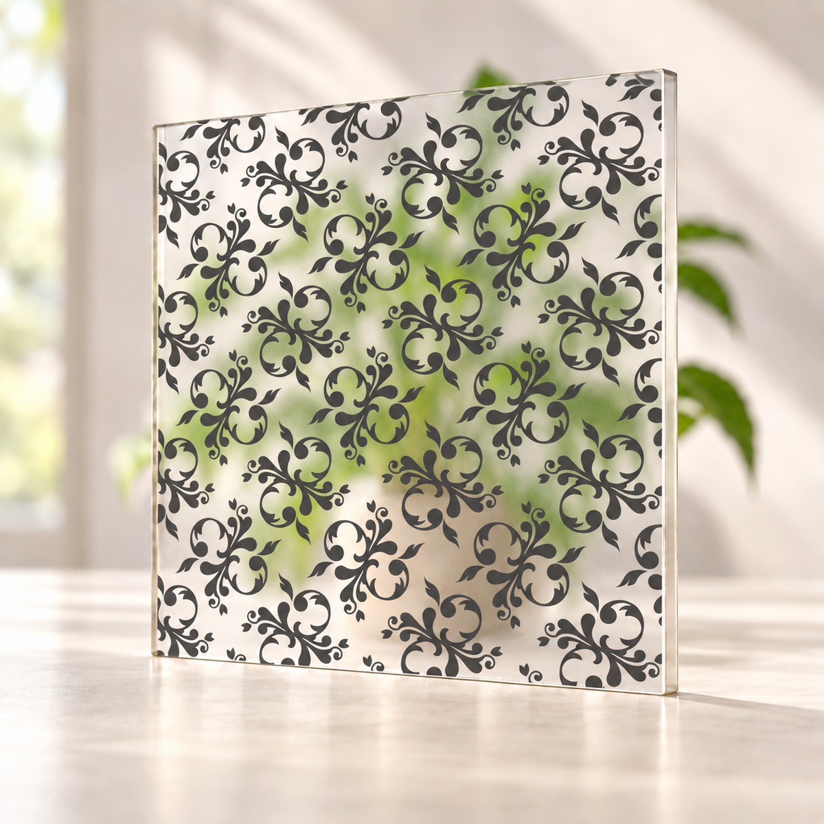 Victorian printed pattern on a translucent frosted panel, with softly diffused foliage visible through the unprinted spaces.