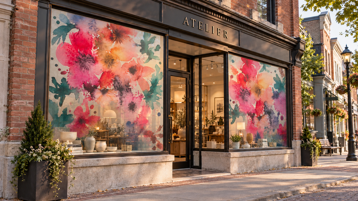 Watercolour Floral printed on translucent boutique storefront privacy panels; application concept.