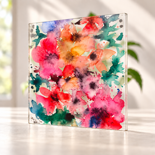 Watercolour Floral digitally printed on a translucent Daycora sample panel, with light visible through the finish.