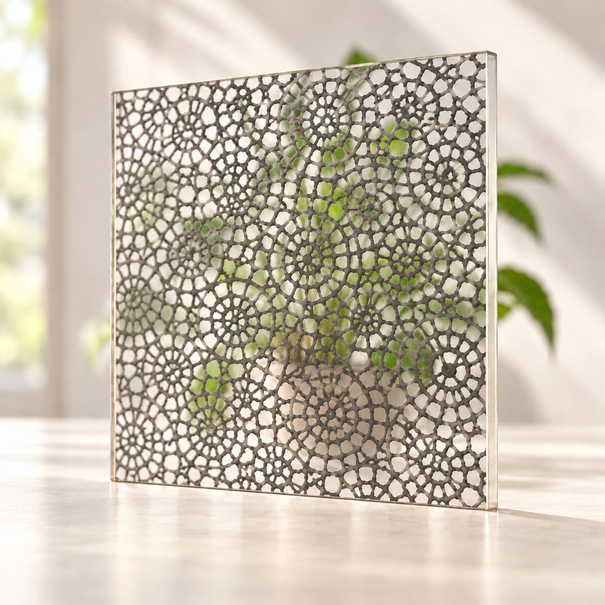 Webbed digitally printed textiles finish on a translucent frosted privacy panel, with daylight and softly diffused foliage visible through the panel.