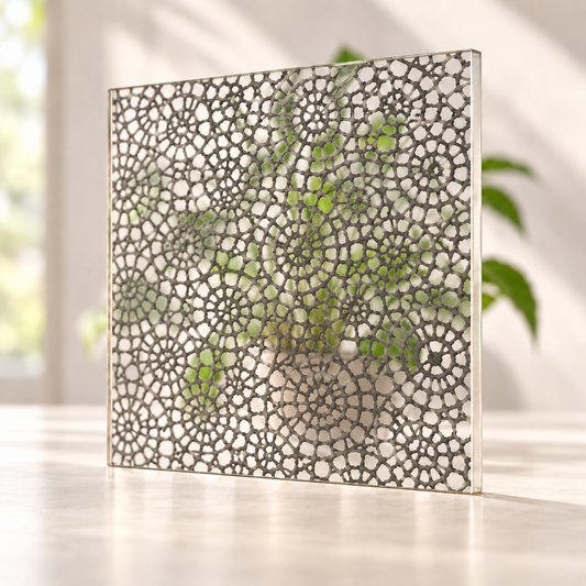 Webbed digitally printed textiles finish on a translucent frosted privacy panel, with daylight and softly diffused foliage visible through the panel.