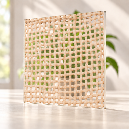 Wicker digitally printed textiles finish on a translucent frosted privacy panel, with daylight and softly diffused foliage visible through the panel.