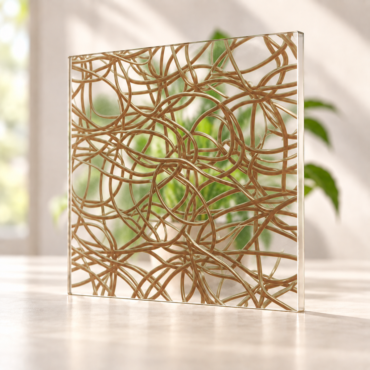 Wired Shine digitally printed textiles finish on a translucent frosted privacy panel, with daylight and softly diffused foliage visible through the panel.