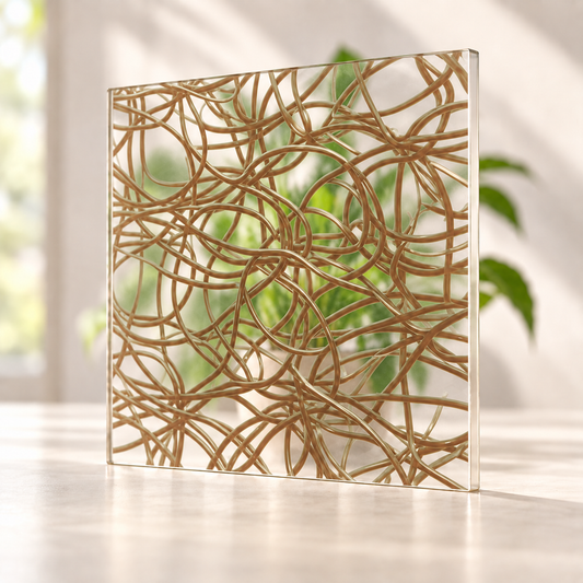 Wired Shine digitally printed textiles finish on a translucent frosted privacy panel, with daylight and softly diffused foliage visible through the panel.