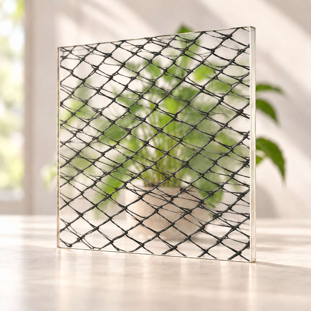 Wired digitally printed textiles finish on a translucent frosted privacy panel, with daylight and softly diffused foliage visible through the panel.
