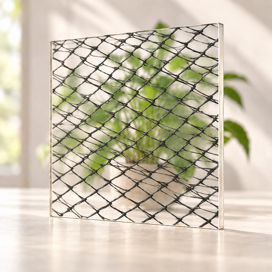 Wired digitally printed textiles finish on a translucent frosted privacy panel, with daylight and softly diffused foliage visible through the panel.